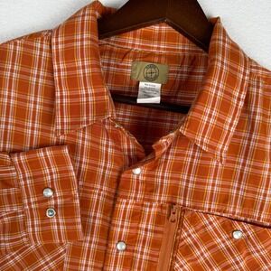 Haband Travelers Pearl‎ Snap Shirt Mens Medium Orange Plaid Western Long Sleeve